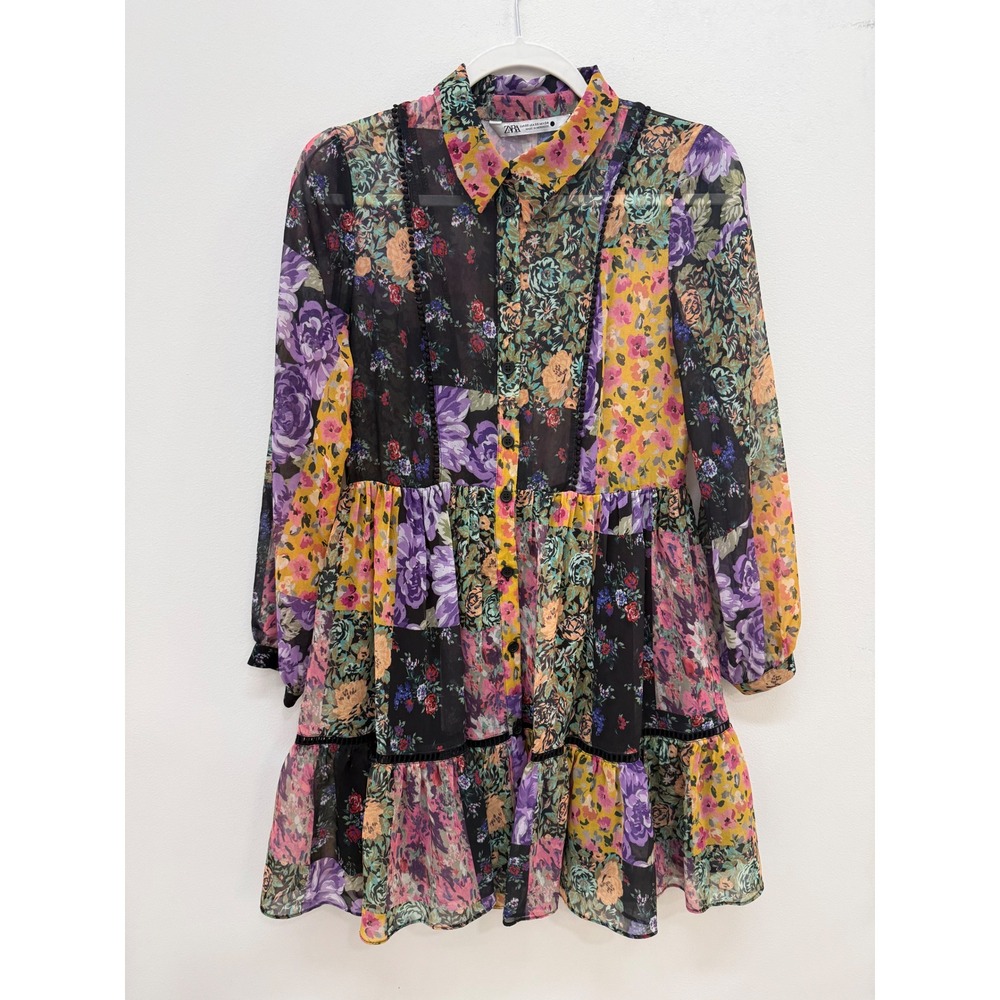 Zara Patchwork Floral Mini Dress XS Sheer Tiered Long Sleeve Button Front